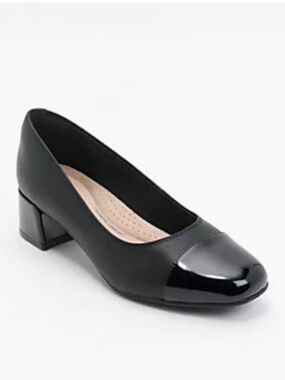 Clarks Black Low Block Heel Cap-Toe minimalist business casual heels